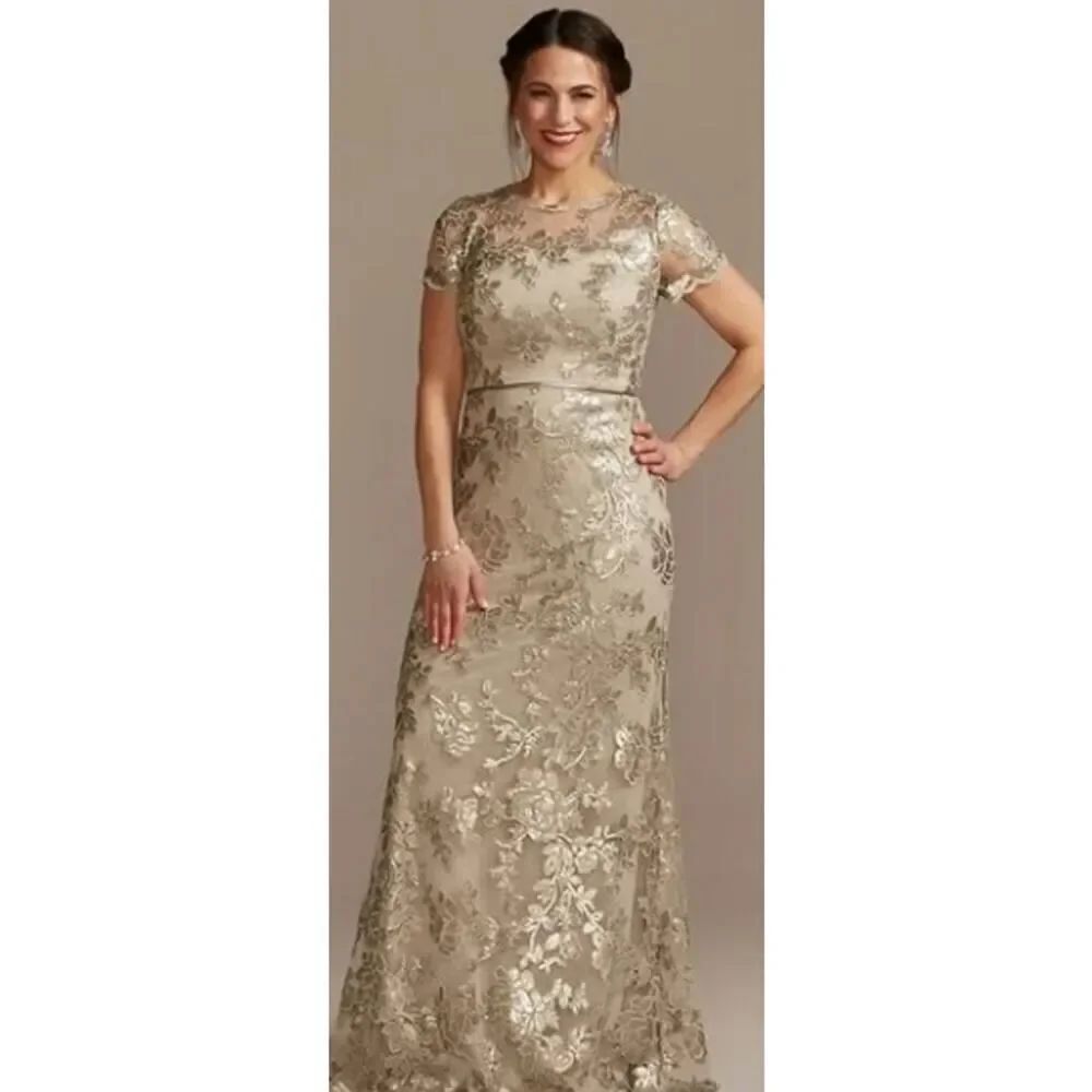 Oleg Cassini Lace Appliqué Cap-Sleeve Long Sheath Dress Women's Sz. 6